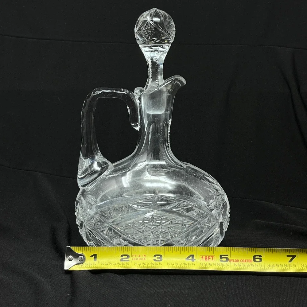 Vintage Cut Glass Handled Cruet‎ Decanter with Stopper Starburst Diamond Pattern